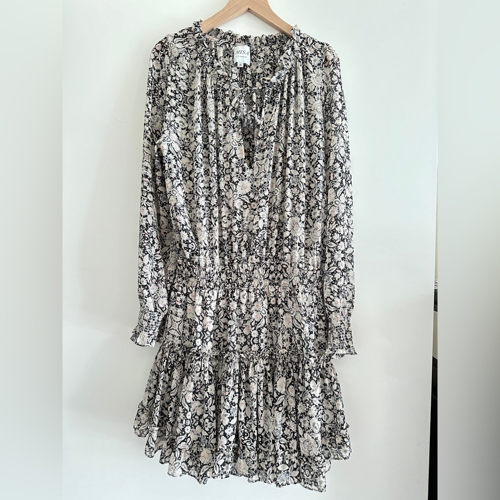 Misa Los Angeles Black and White Ruffled Tie-Front Sundress